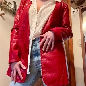 Red faux leather jacket with removable faux fur